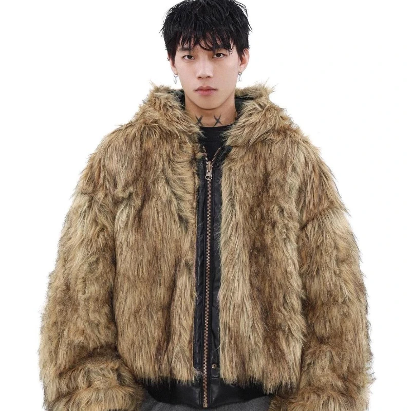 

Winter New Fashionable High end Trendy Long sleeved Jacket Cotton Men's Velvet Thickened Double sided Fur Integrated Coat