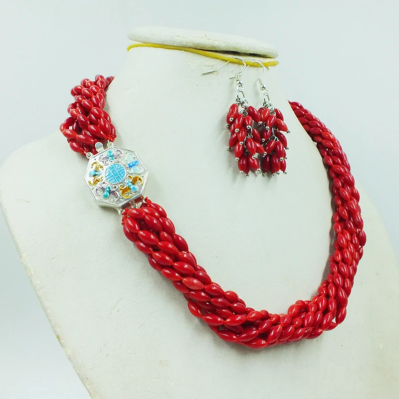 9-strand 4MM natural red coral necklace/earring set. Classic Chinese Royal Necklace Buckle 20”