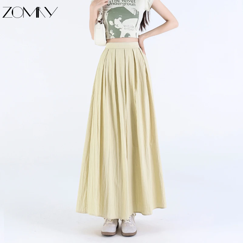 

ZOMRY Summer Korean Fashion Women's High Waist Midi Skirt Office Ladies Solid Color Pleated Skirt Casual Simple Versatile Skirt