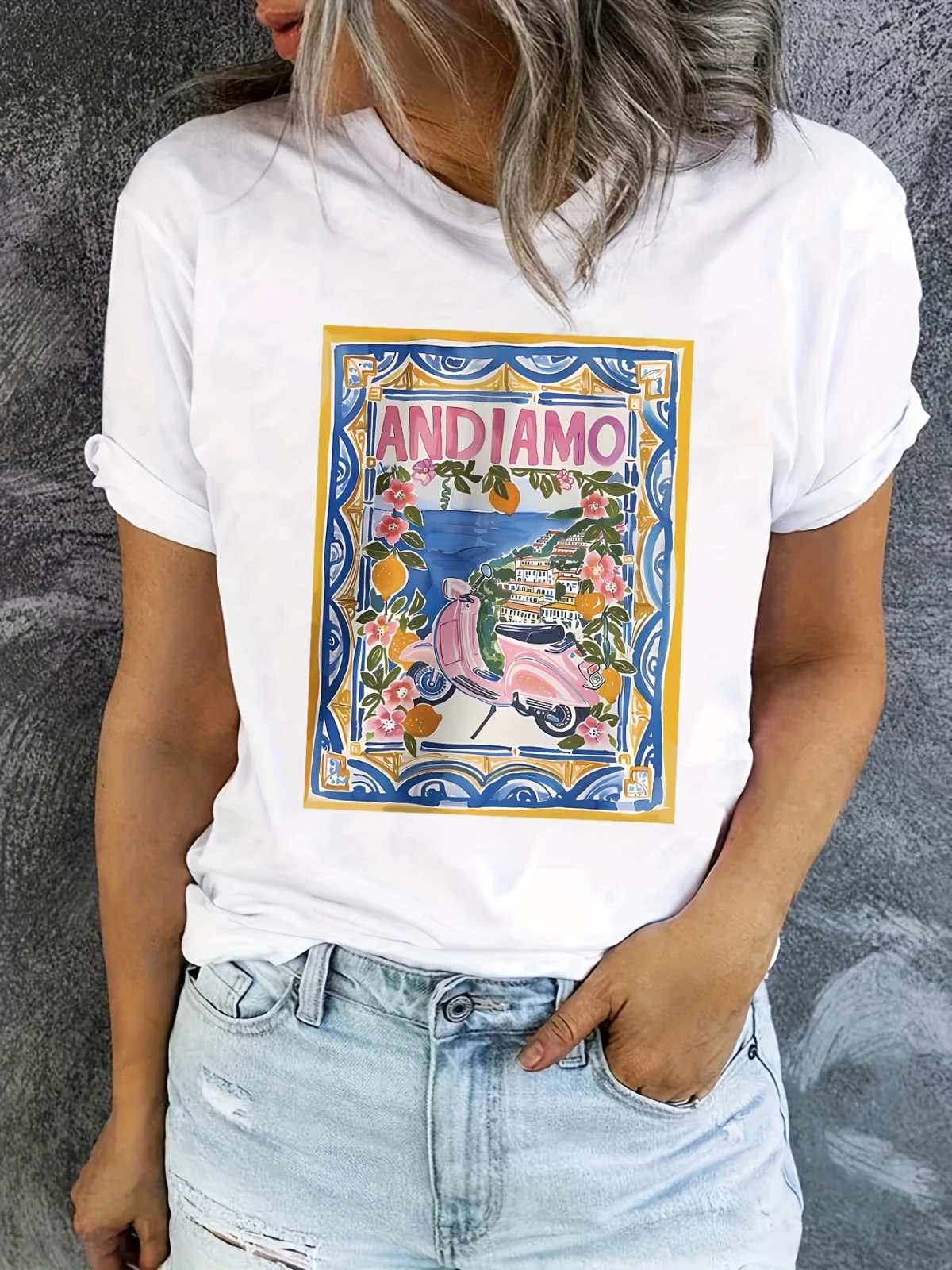 Camiseta con estampado de limón de proverberación italiana Andiamo para mujer, pantalón corto informal de manga corta con cuello redondo, Top vibratorio de verano, moda italiana de verano