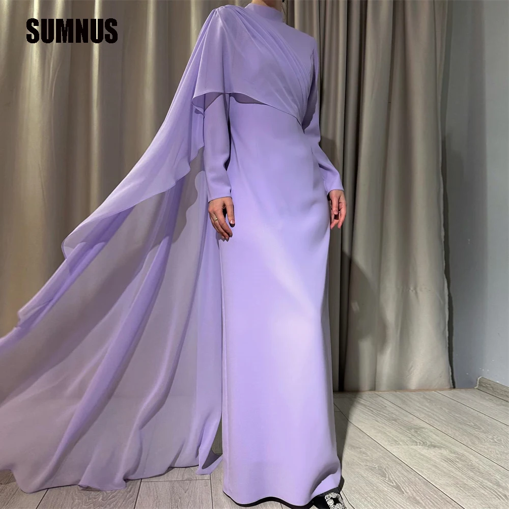 SUMNUS Dubai Arabic Women Lilac Evening Dresses Long Sleeves Chiffon High Neck Prom Gowns Formal Party Occasion Dress Vestidos