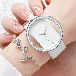 2PCS/Set Fashion Hollow Dial Women Watches Leather Band Quartz Watch Flower Bracelet Set