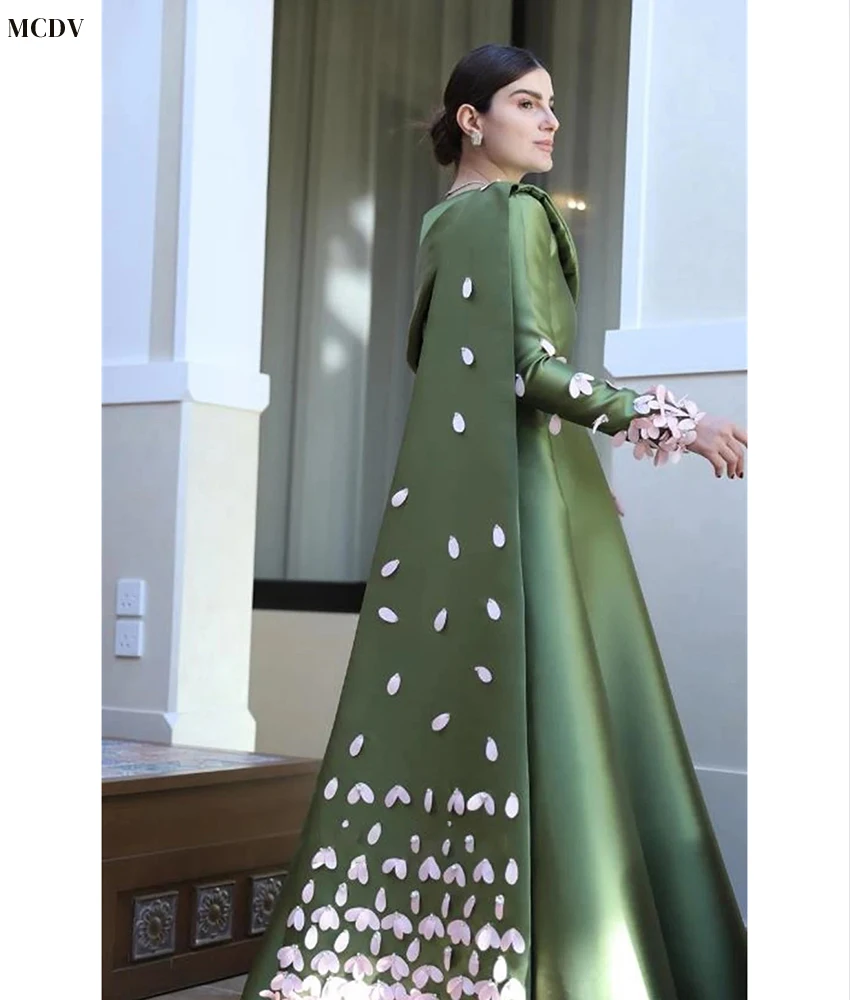 Robe de soirée en Satin, ligne a, fleurs en cristal, personnalisée, gracieuse, col rond, manches longues, longueur au sol, robes de célébrité