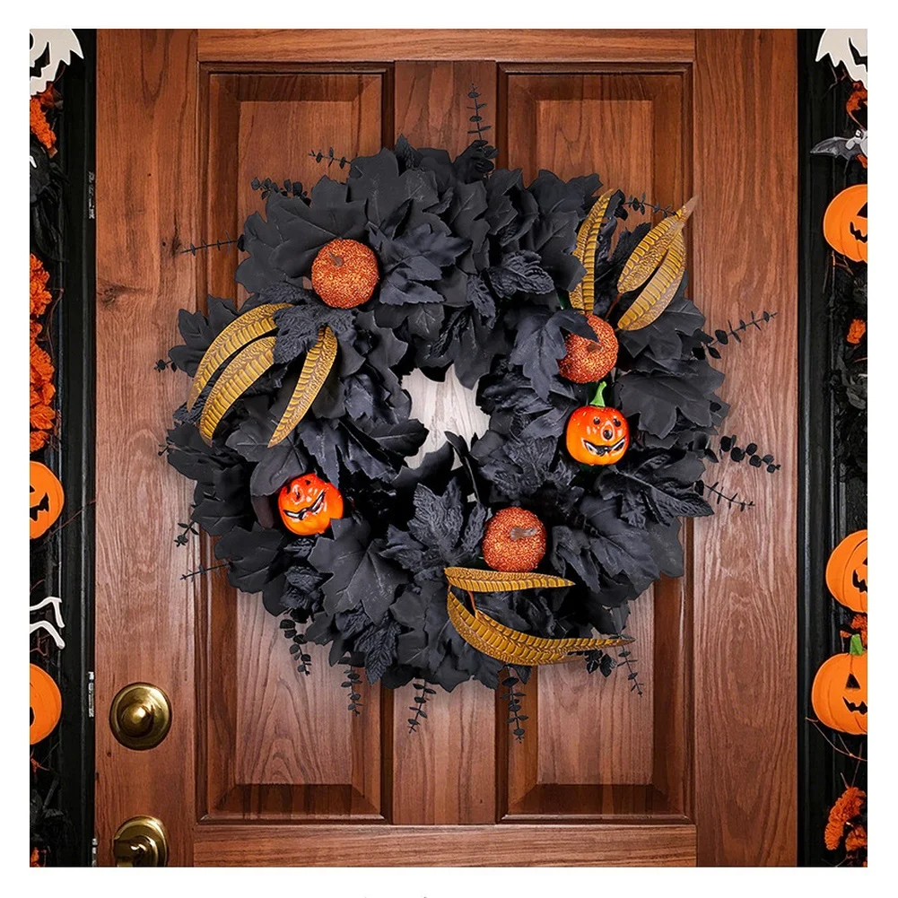 Halloween Black Maple Leaf Pumpkin Wreath 50cm Autumn Decorations For Door Party  Indoor Wall Window Porch Farmhouse