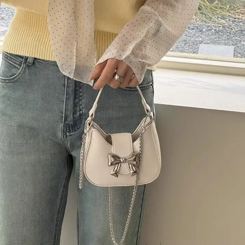 Xiuya Small Pink Womens Handbag Korean Fashion Pu Leather Elegant Sweet Gentle Chains Shoulder Bag Bow Cute Summer Ladies Bag