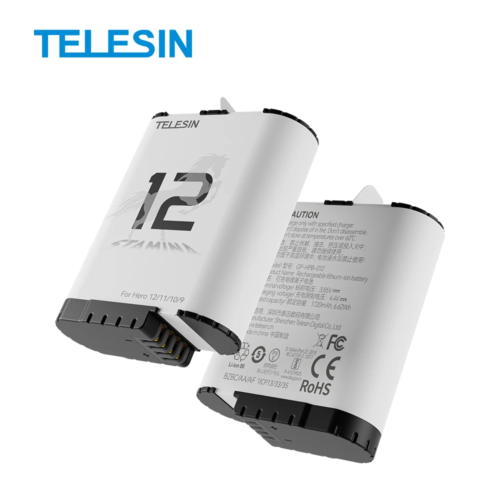 TELESIN 1750 mAh Endurence Battery For GoPro Hero 12 11 10 9 Gopro Accessories With Battery Box For GoPro 9 10 11 12 Black