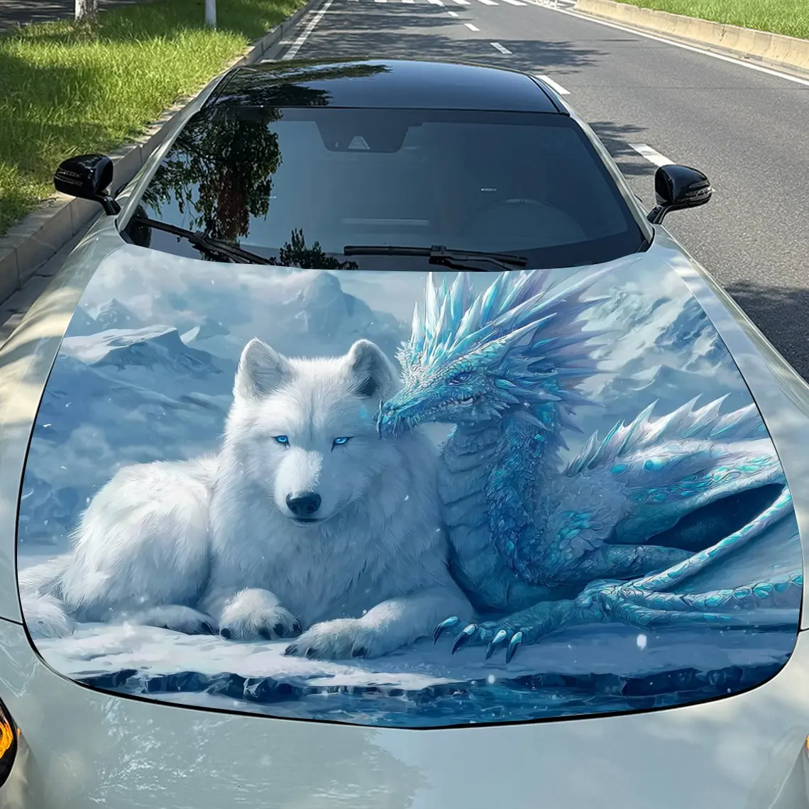 

[Прочная конструкция] Наклейки на капот автомобиля с волком и голубыми глазами ледяного дракона - устойчивый к царапинам, устойчивый к атмосферным воздействиям материал ПВХ, легкий T