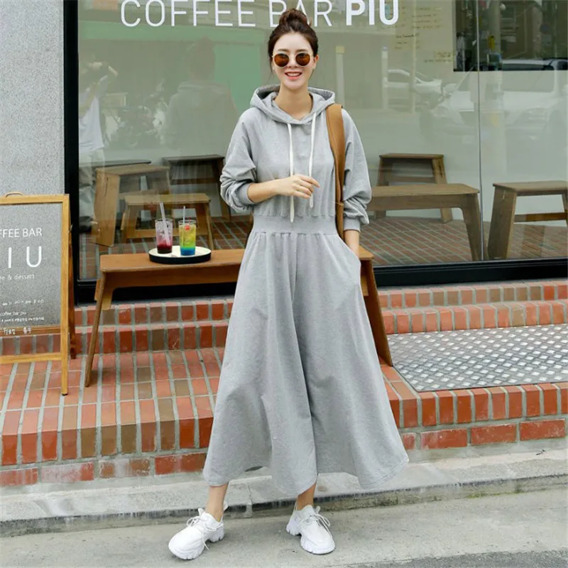 

Johnature 2024 Autumn Korean Hooded Collor Loose Dress New Casual Solid Color Full Sleeve Pockets Women Dresses