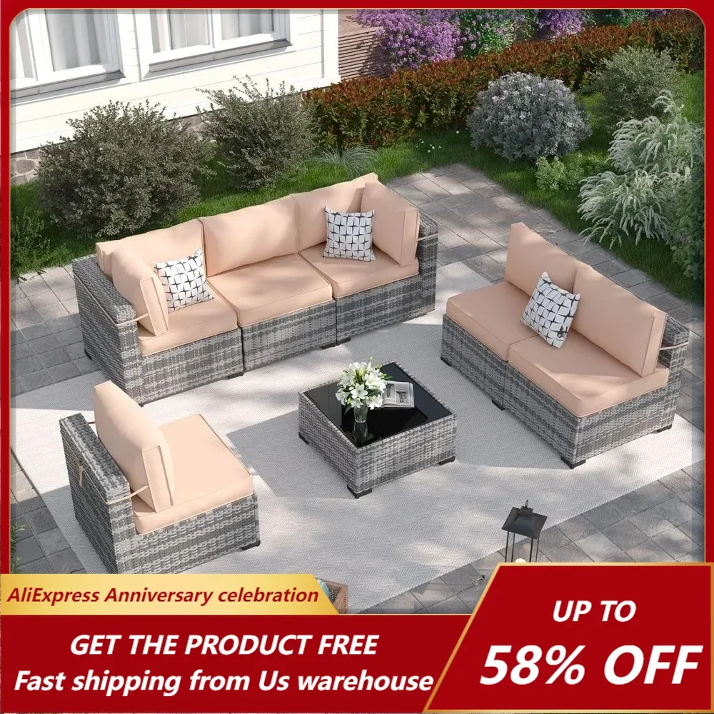 Outdoor Sofa, 7-piece Outdoor Split Willow Sofa (khaki Color), with Courtyard Furniture Set, Outdoor Courtyard Home Sofa Set