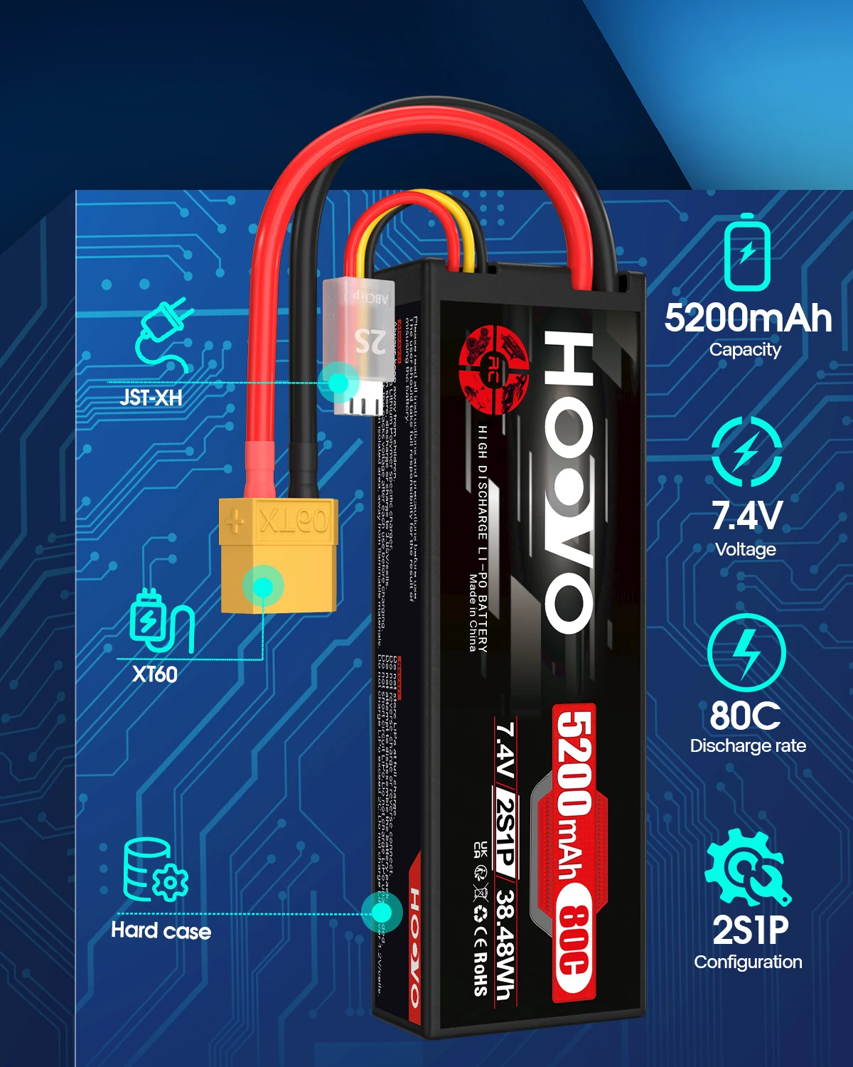 HOOVO 2S LiPo Battery RC Battery XT60 Plug 7.4V 5200mAh 80C Hard Case Replacement Battery for RC Car Airplane Helicopter Boat