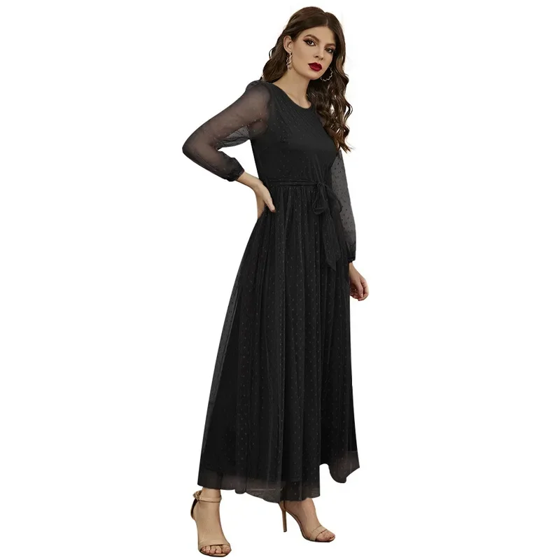 Women Eid Muslim Dresses Ramadan Morocco O Neck Loose Solid Party Dress Kaftan Long Robe Belt Arab Islam Elegant Vestidos