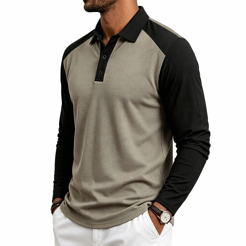 Men's Color-Block Raglan Sleeve Polo Shirt for Fall, Long-Sleeve Casual Workday Tee with Turn-Down Collar