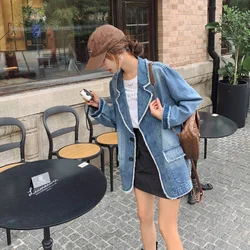 Raw Edge Suit Collar Denim Jacket Blazers Women 2023 Autumn New Single Breasted Streetwear Trendy Loose Coat Outerwear 8313