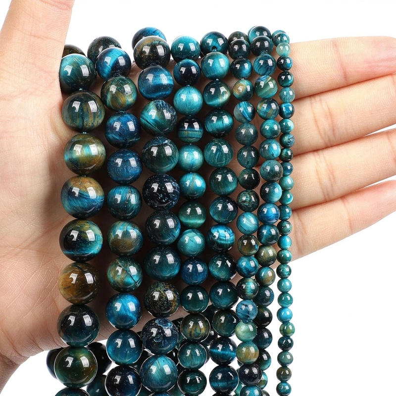 Natural Stone Peacock Blue Tiger Eye Stone Loose Round Beads DIY Bracelet Necklace for Jewelry Making 15