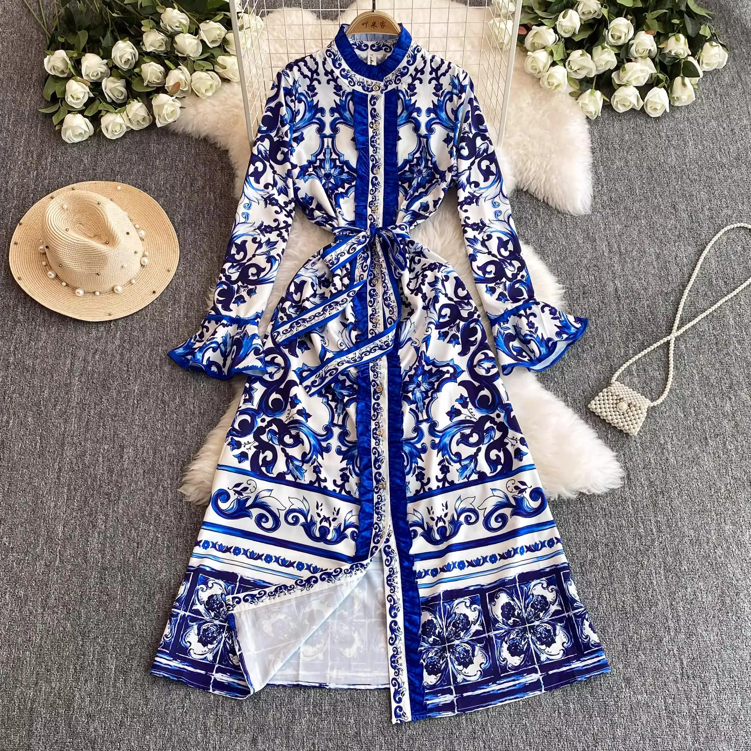 

Autumn Runway Blue And White Porcelain Print Dress Women's Ruffles Stand Flare Sleeve Single Breasted Lace Up Party Vestidos