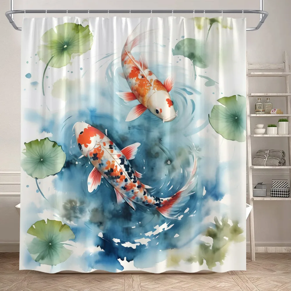 Floral Koi Carp Shower Curtains Fish White Lotus Green Leaves Plant Japanese Style Art Modern Polyester Bathroom Curtain Decor