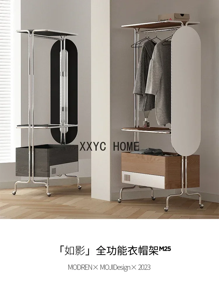 Floor Mobile Solid Wood Coat and Hat Rack Stainless Steel Multi-Functional Storage with Wheels and Drawers Clothes Rack