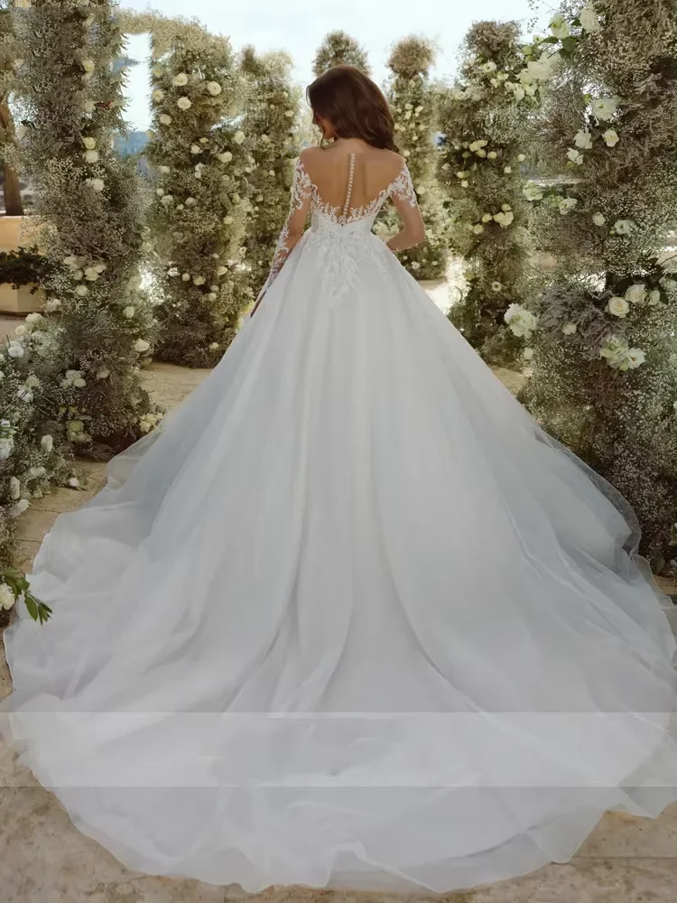 V Neck Long Sleeve Lace Wedding Dress, Sheer Back Tulle Princess Ball Gown, Custom Bridal Gown With Sweep Train for Women 2026