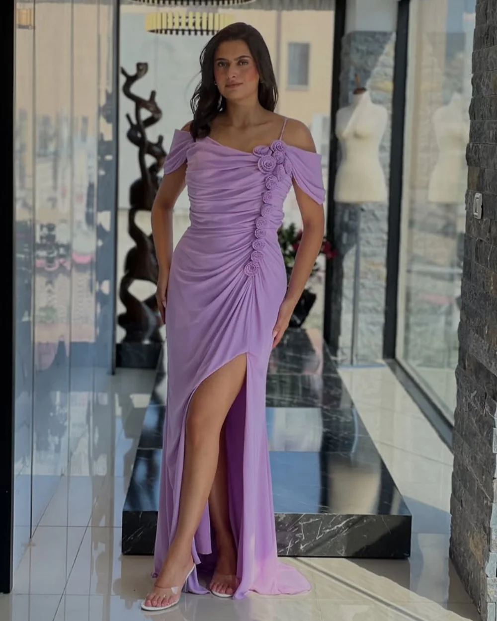 

Customized Elegant Fashion Chiffon Handmade Flower Ruched Column Off-the-shoulder Long Dresses Bespoke Occasion Dresses Formal