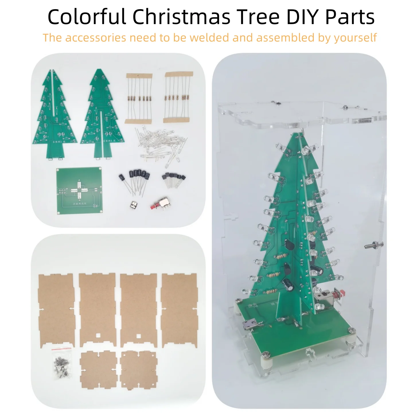 DIY Electronic Kit 3D Christmas Tree Soldering Practice Electronic Science Assembly Kit with 7-Color Flashing LED PCB