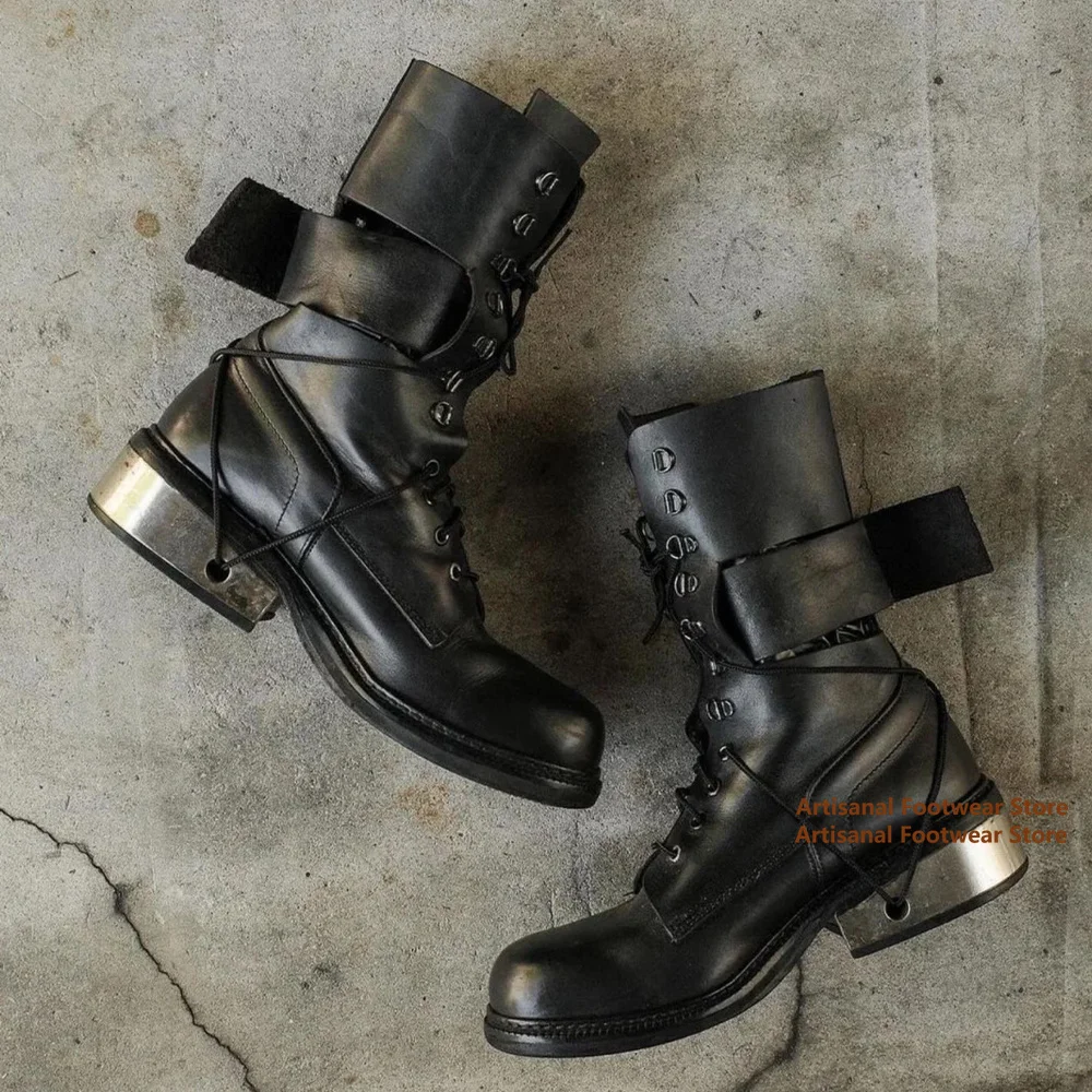 

Metal Decor Heel Cross Strap Men's Boots Square-Toe High Top Lace Up Boots Stylish New In Trendy Luxury Handmade Men's Shoes