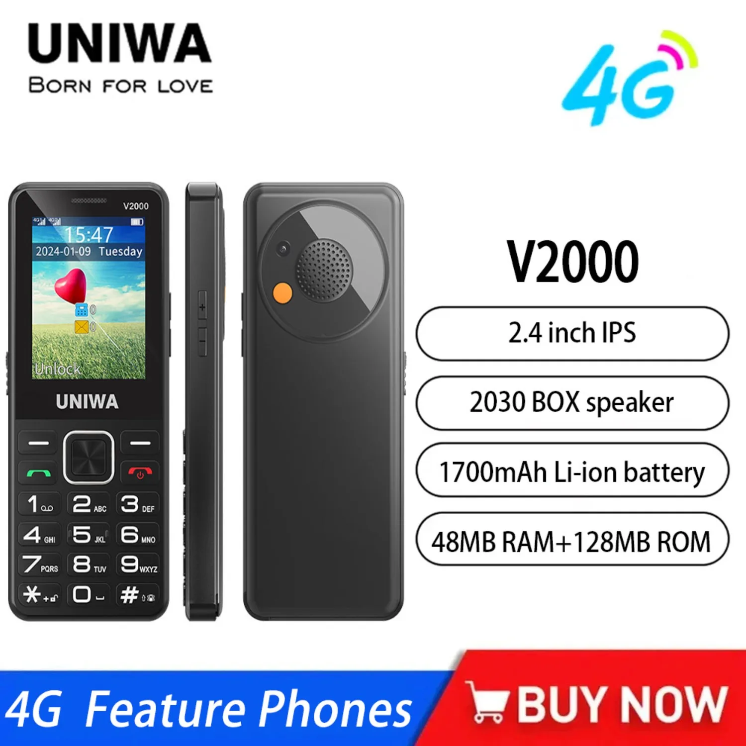 UNIWA V2000 4G Keypad Phone 2.4 Inch Big Button Loud Volume Dual SlM 1700mAh Russia Hebrew Keyboard Feature Phones for Elderly