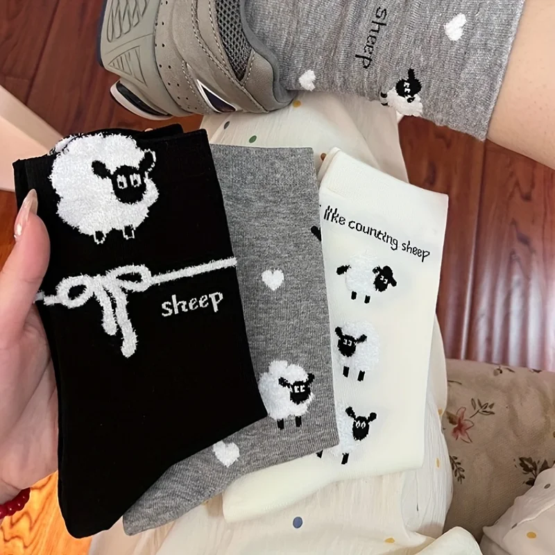 4 Pairs Cozy Flocked Sheep Socks, Solid Color Mid-Crew Stackable Socks, Cute Ins Fashion for Women