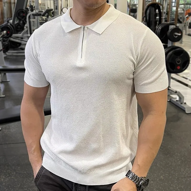 Summer Half-Zip Lapel Slim Short Sleeve Knit Polo Shirt Men's Fitness Business Casual Top