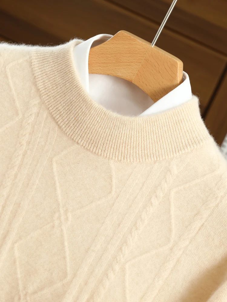 メンズセーター ツイストフラワー プルオーバー 秋冬 モックネック カシミヤ30% メリノウール70% ニット 長袖 スマートカジュアル トップス