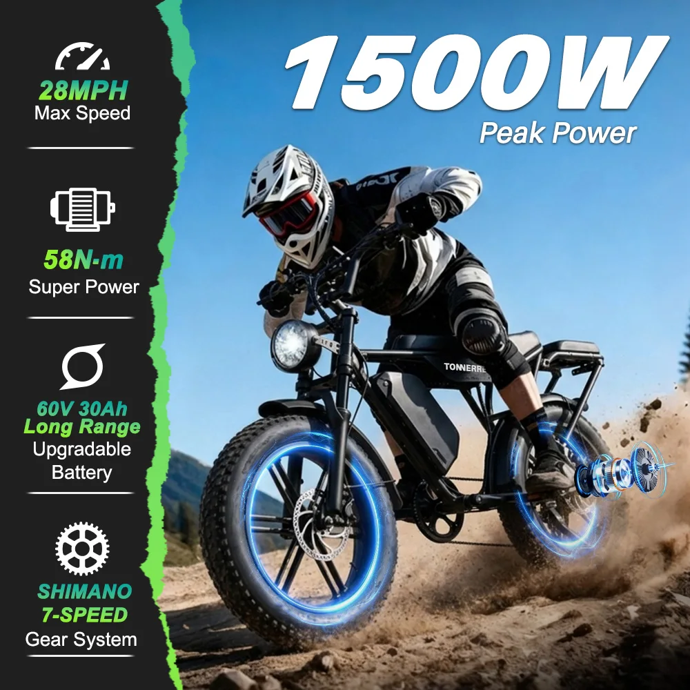 

Электрический велосипед Tonnerrey 1500W 60V 30AH с увеличенным запасом хода, скорость 28 миль/ч, пробег 80-120 миль, для города и бездорожья
