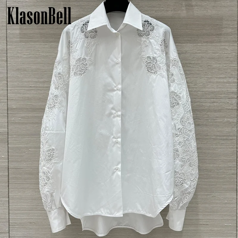 8.26 KlasonBell Women's 2024 Autumn New Fashion Lace Embroidery Flower Long Sleeve Shirt Cotton Loose Lapel Hem Split Blouse