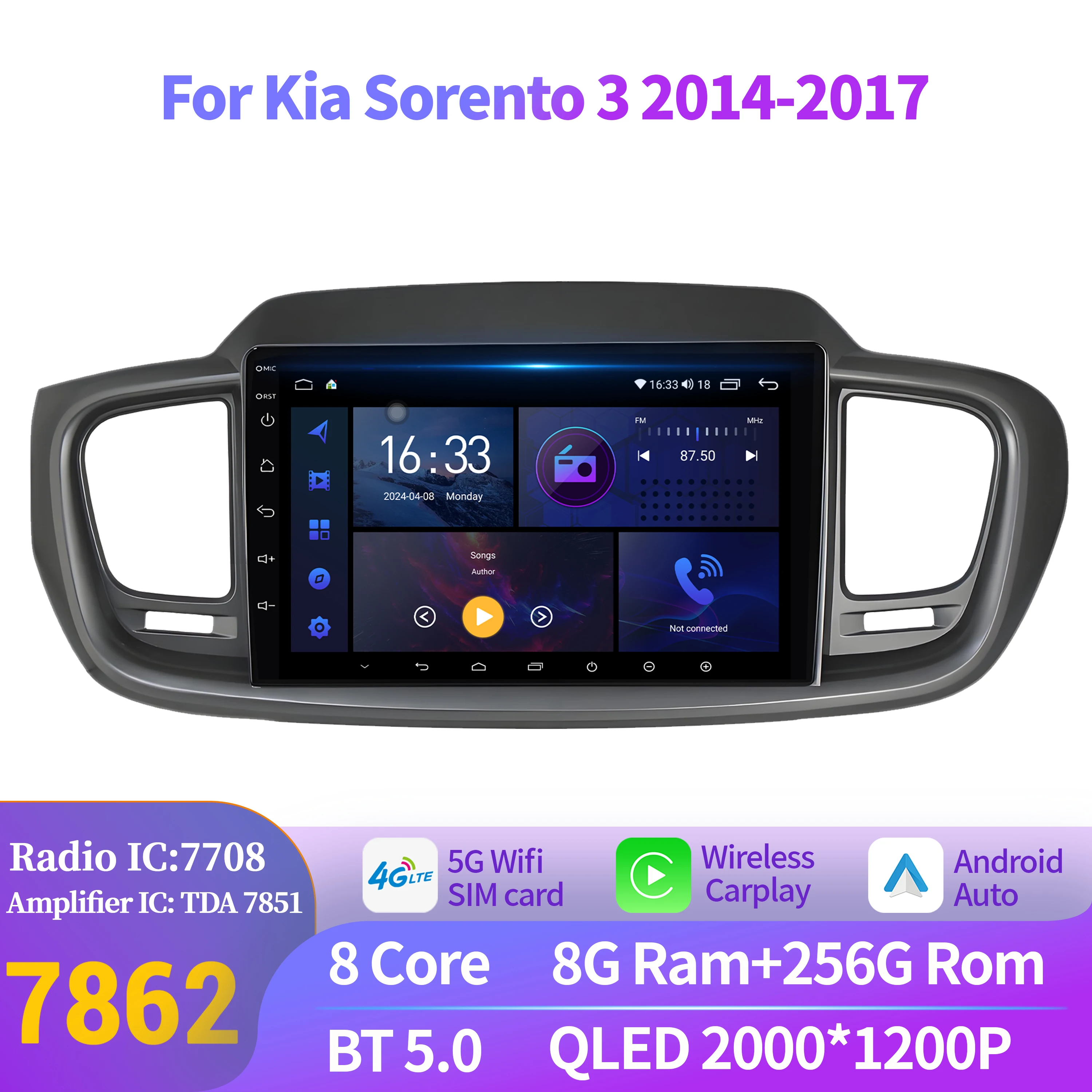 

For Kia Sorento 3 2014-2017 Android 14 Car Radio Multimedia Navigation Carplay 7862S 8G 256G Wifi Bluetooth 2K QLED Screen