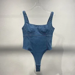 Vestido de bailarina de Dj con cuello Halter, Top de chaleco de mezclilla, diseño de una pieza, se puede usar fuera