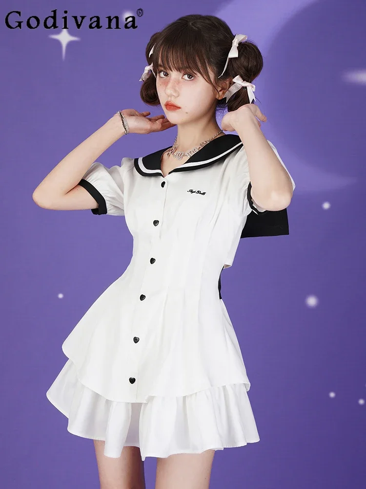 

Girly Sweet Y2k Lolita Sail Collar White Dress 2024 Summer New Fashion Student High Waist Slim A- Line Mini Dress Women Dresses