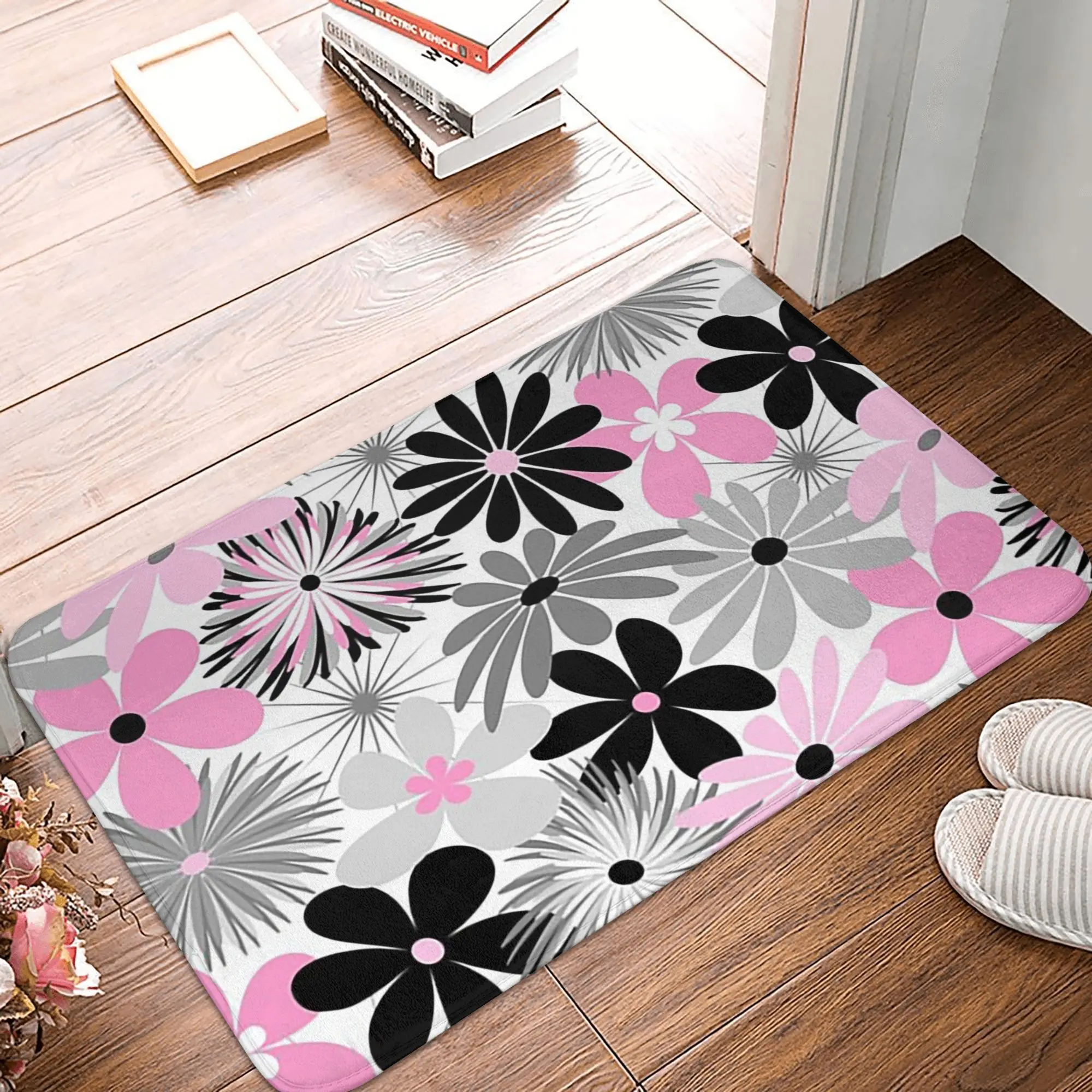 Mid Century Modern Funky Flowers in Pink Gray Black and White Anti-slip Doormat Floor Mat Entrance Home Living room Footpad Mats