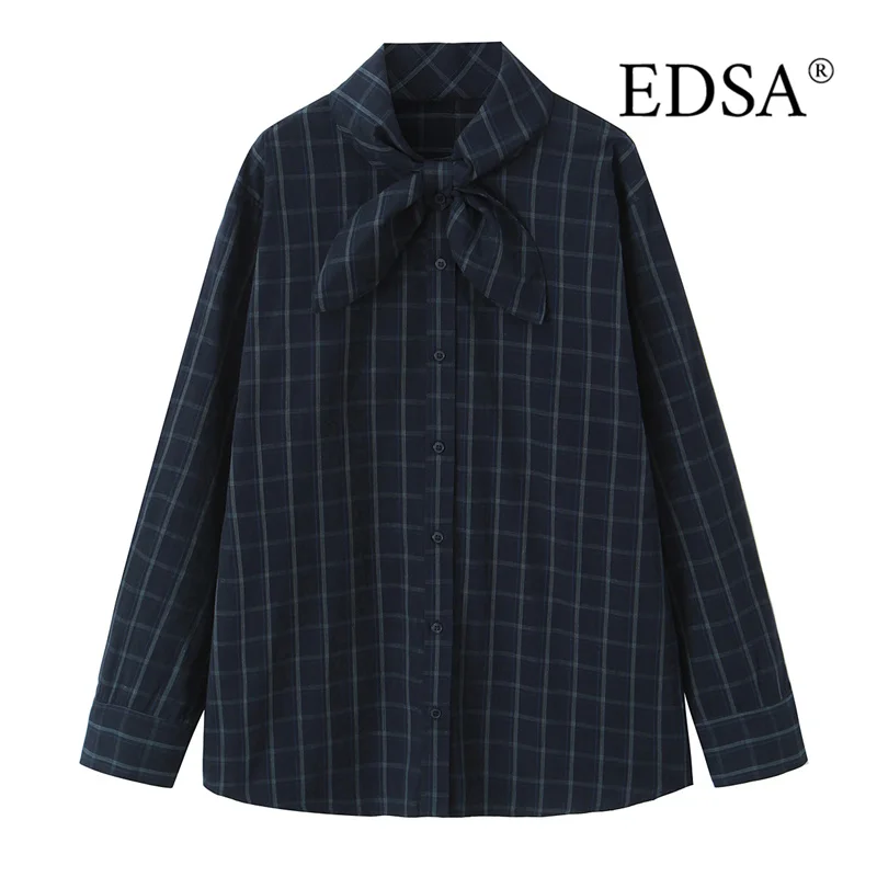 EDSA Women Navy Blue Plaid Shirt with Pocket Square for Office Lady Single Breasted All-Match Tops