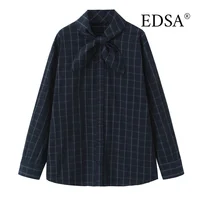 EDSA Camisa a cuadros azul marino para mujer con bolsillo cuadrado para mujer de oficina Tops combinables con un solo pecho