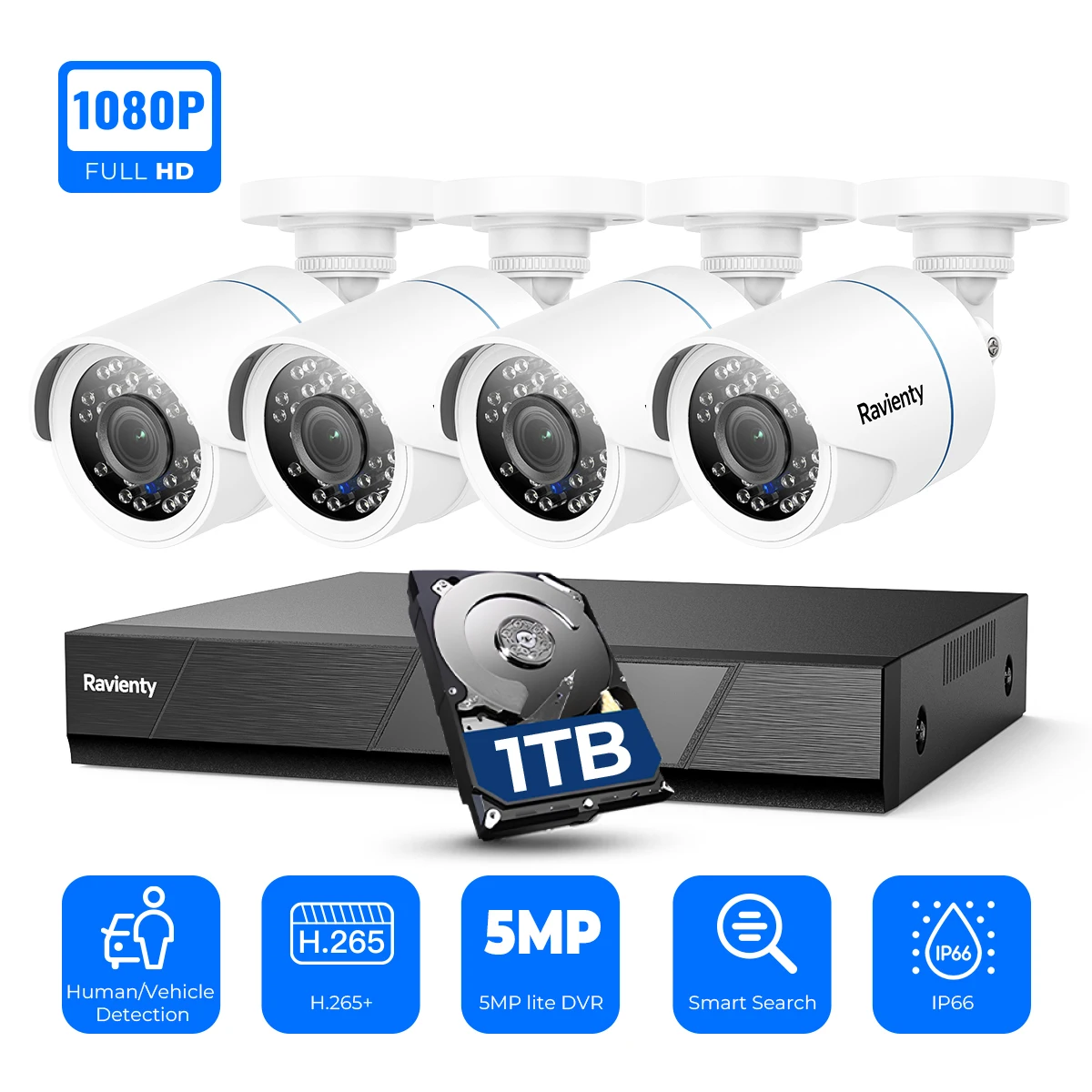 

Система видеонаблюдения 1080P 8-канальная с ИИ-детектором людей/транспорта, 5 МП Lite DVR, 2 МП проводные камеры видеонаблюдения, ИК ночное видение