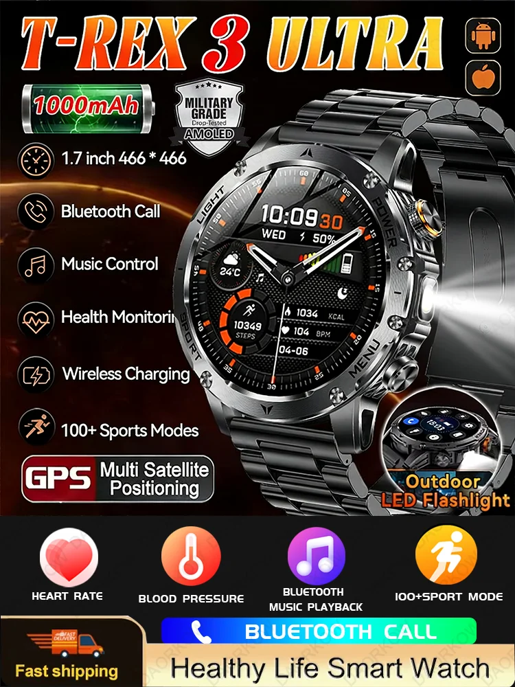 2025 nouveau GPS Sports de plein air montre intelligente hommes AMOLED écran NFC lampe de poche fréquence cardiaque étanche Bluetooth appel 1000mAh SmartWatch