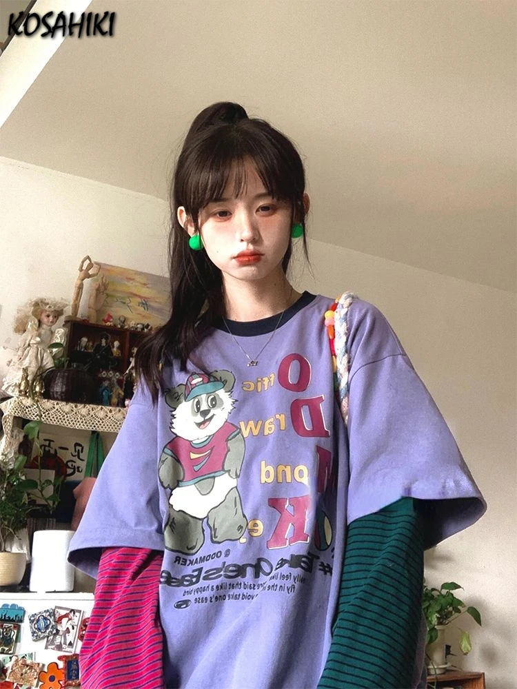 

Streetwear Cartoon Print Harajuku Top Y2k Aesthetic Vintage Stripe Fake Two Pieces Patchwork Casual Tshirts Women Grunge T-shirt