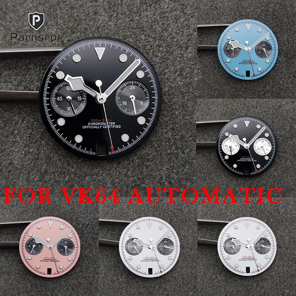 Excellent 29.5mm VK64 Dial White Black Pink Sky Blue Green Luminous Fit VK64 Quartz Movement 6 o'clock Date