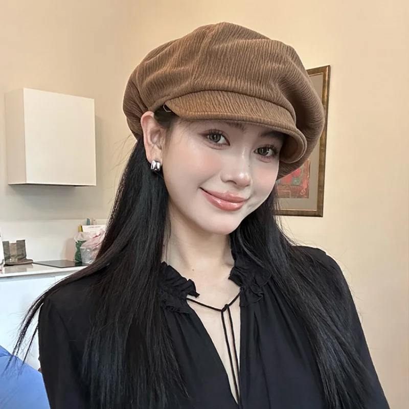 Vintage Maillard Brown Berets Casp for Women Show Face Small Summer Autumn Thin Niche Pleated Texture Versatile Octagonal Hat