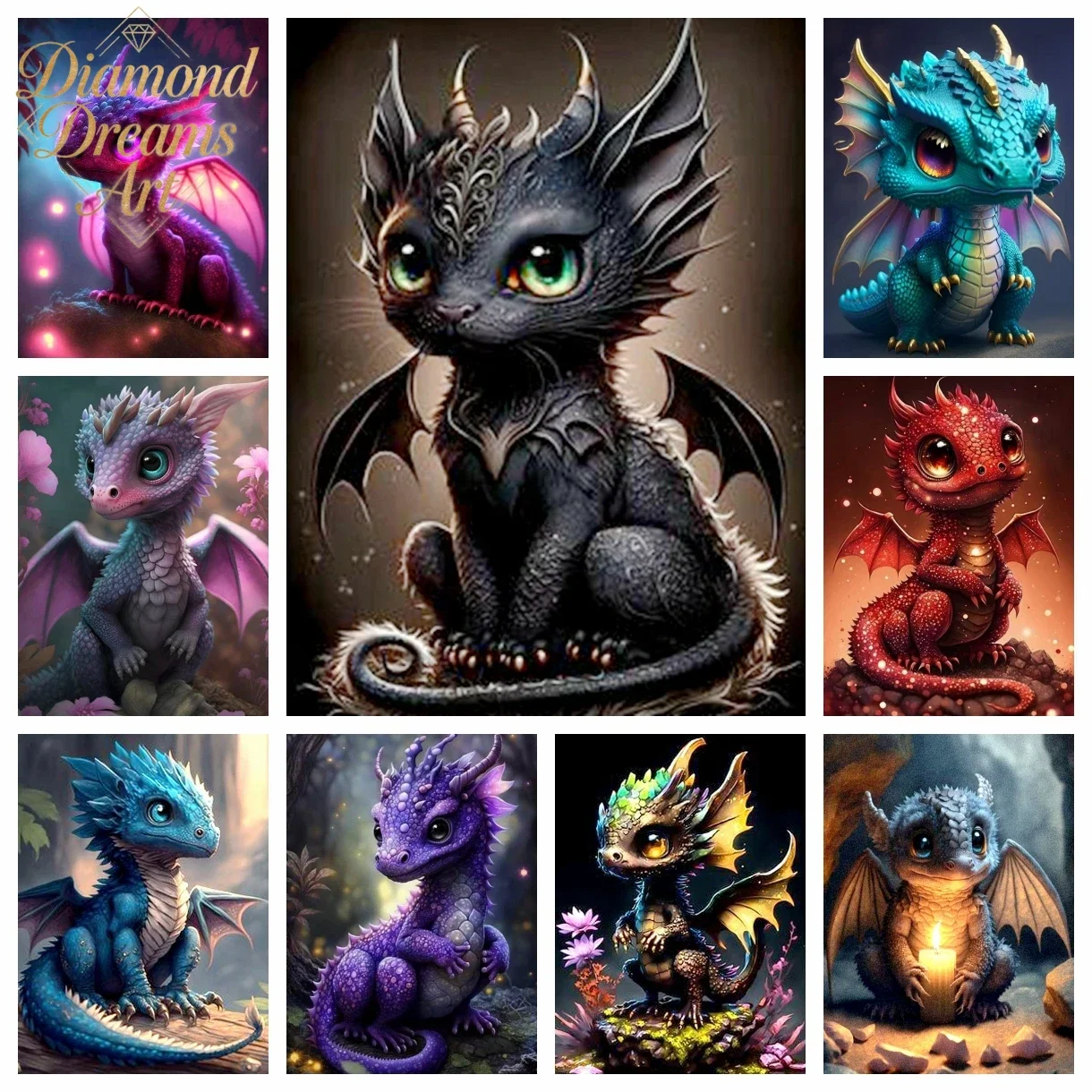Rahmenloses 5D DIY Diamant-Malerei-Set: Baby-Drache, Cartoon-Tier-Mosaik, Vollflächige Runde Stickerei, Heimdekoration für Kinder