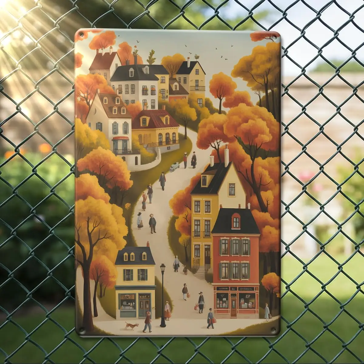 Cute Village Fall Tin Sign Rustic Autumn Wall Art Beige Autumn Wall Signs Warm Tone Print for Home Farmhouse Living Room Yard Ga