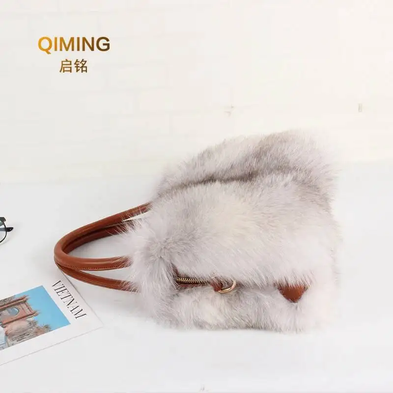 Women Real Fox Fur Handbag Winter Fashion Top-Handle Shoulder Bag Luxury Leather Tote Fluffy Pelt Banquet Ladies Bag