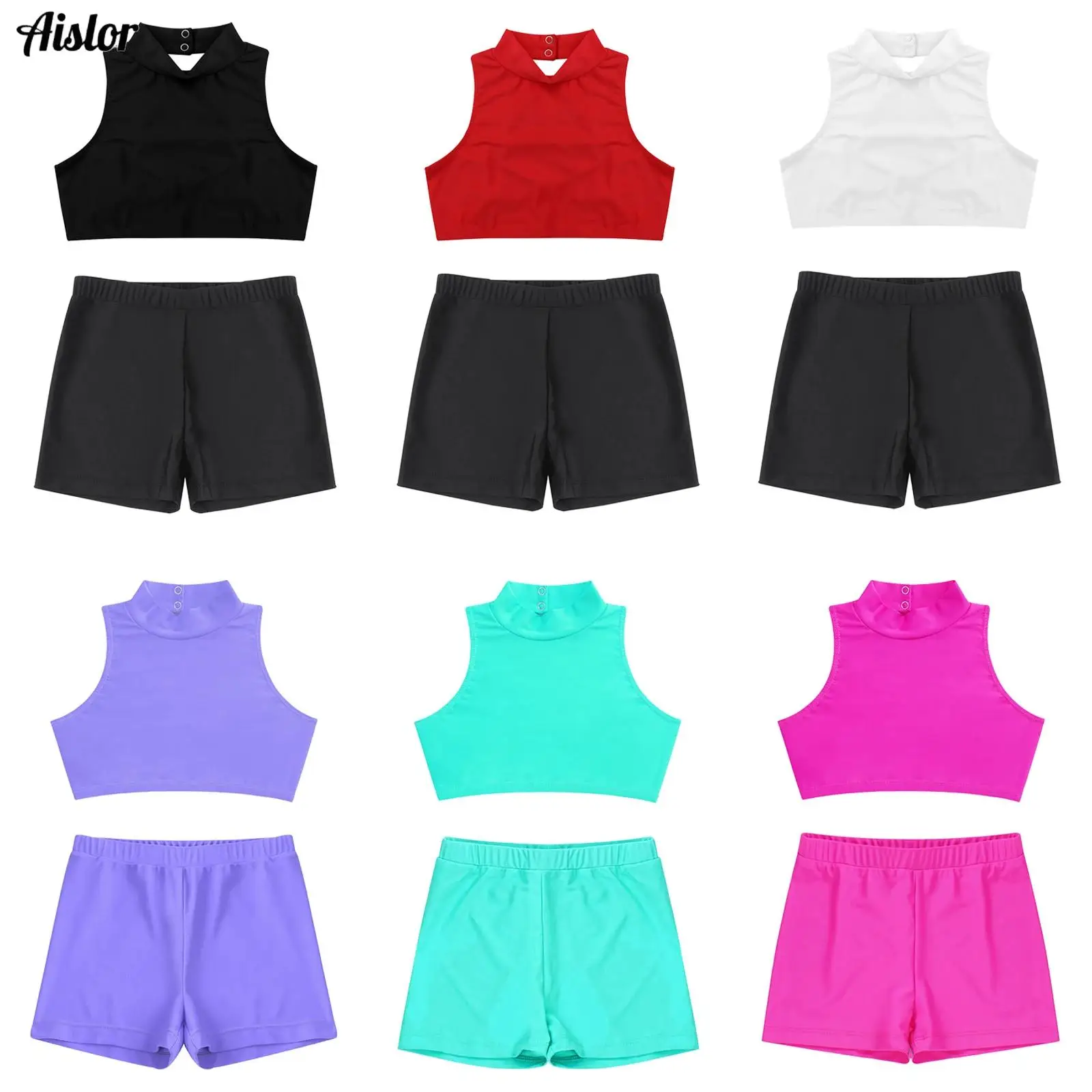 

Kids Girls Swimwear 2Pcs Sleeveless Mock Neck Tank Crop Top Vest+Shorts Pants for Beach Pool Swimming Bathing Suit Sportswear