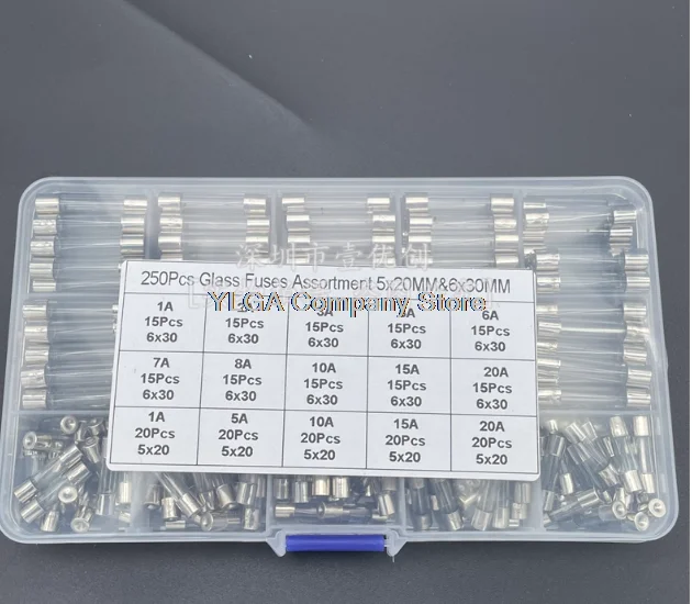 15 types of 250 glass fuse tubes 5 * 20 mixed box 6 * 30mm 0.5A1A3A6A8A15A30A 250V