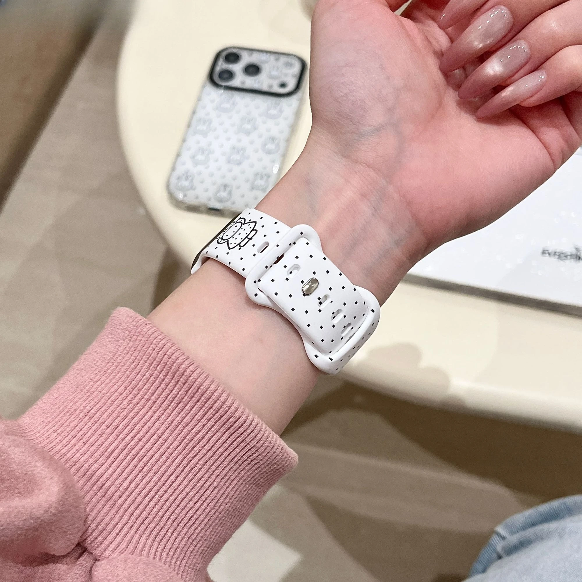 Kawaii Pixel Art Miffy White Silicone Wristband Fashion Watch Strap Fit IWatch S11 S10 S9 Skin-friendly Daily Watch Accessory view 3