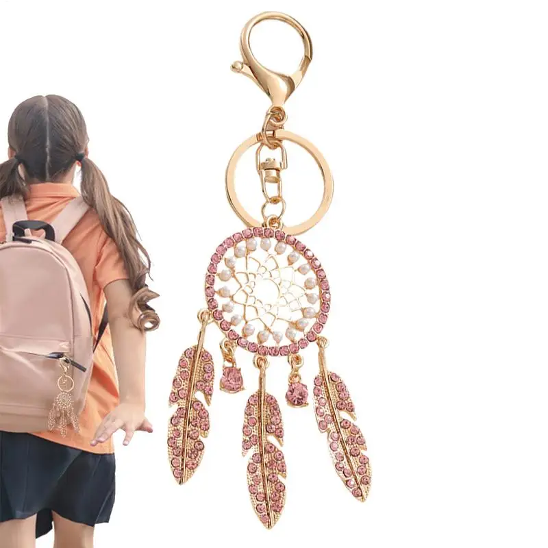 Dream Catcher Key Ring Dream Catcher Bag Charm With Rhinestones Fashion Feather Charm Lucky Ornament For Women And Girls