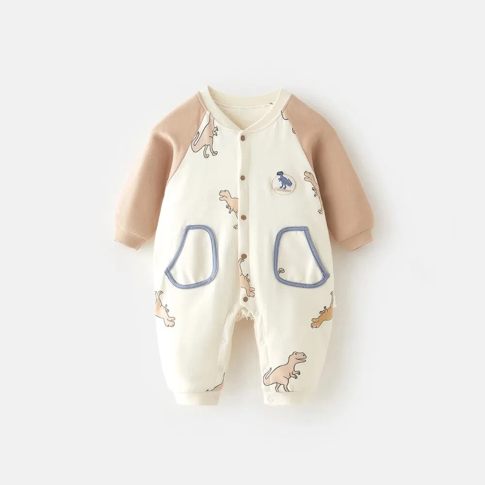 

Newborn Cartoon Dinosaur Jumpsuit Boys and Girls Round Neck Jumpsuit Children Cotton Soft Color Blocked Long Sleeved Jumpsuit
